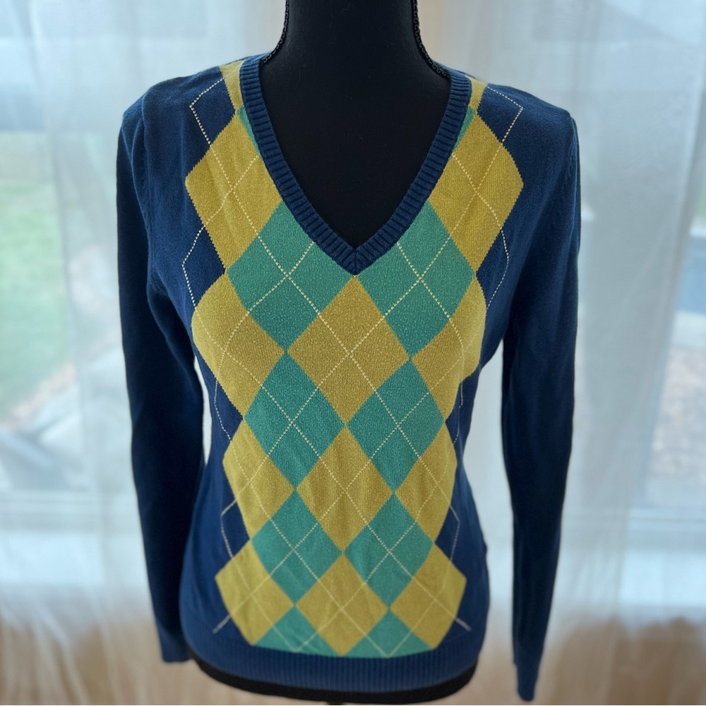 Blue and green argyle sweater